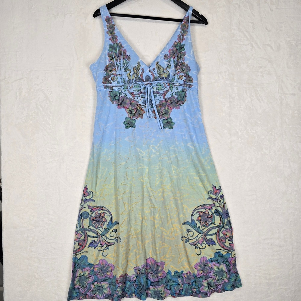 Butterfly Dropout Womens Large Y2K Graphic Ombre V-Neck Midi Dress Blue Yellow